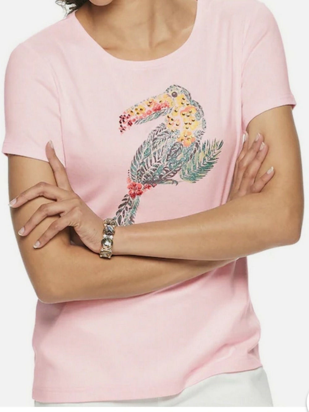 Croft and Barrow Beaded Pink Bird Tee Size XXL